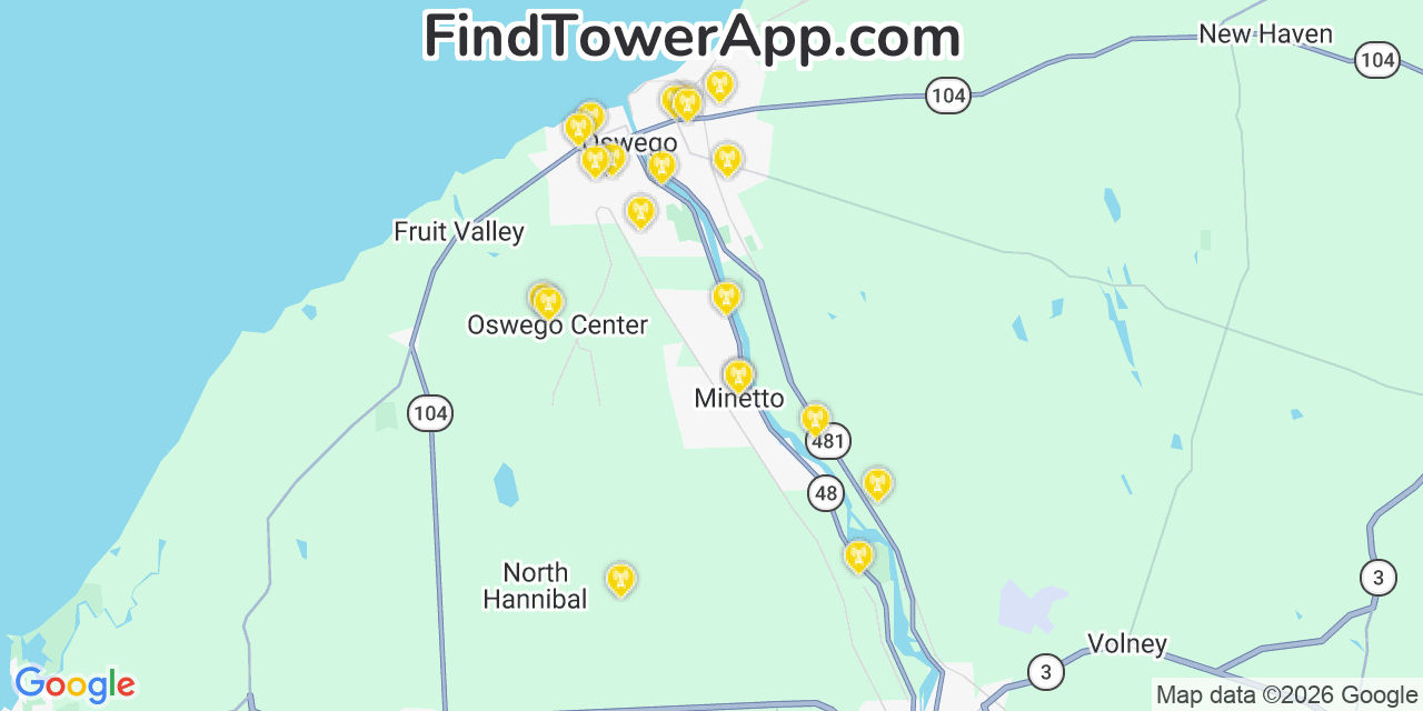Map showing the 20 primary cell tower locations detected in Minetto, New York from AT&T, Verizon, and T-Mobile networks