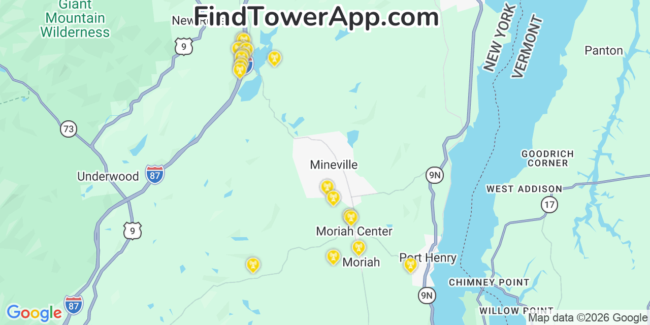 Map showing the 20 primary cell tower locations detected in Mineville, New York from AT&T, Verizon, and T-Mobile networks