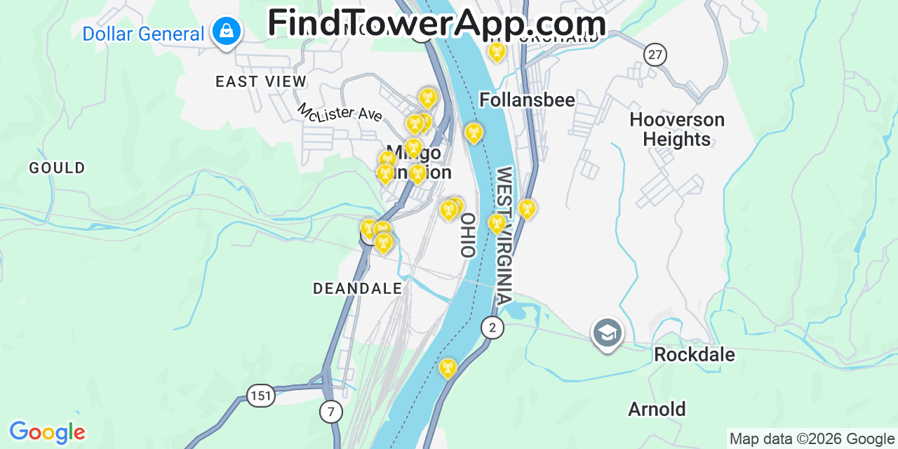Map showing the 20 primary cell tower locations detected in Mingo Junction, Ohio from AT&T, Verizon, and T-Mobile networks