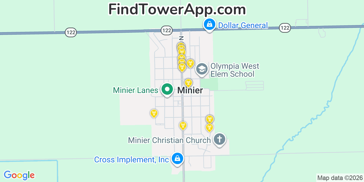 Map showing the 20 primary cell tower locations detected in Minier, Illinois from AT&T, Verizon, and T-Mobile networks