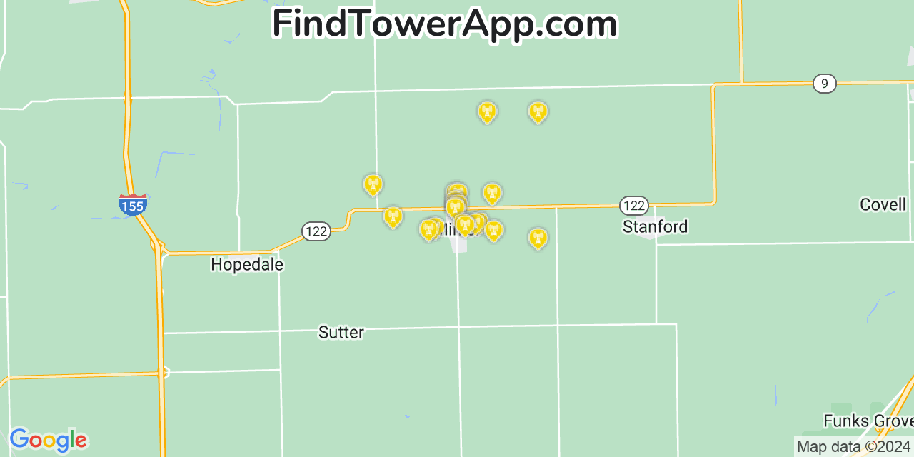 Verizon 4G/5G cell tower coverage map Minier, Illinois