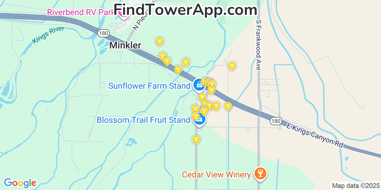 Map showing the 20 primary cell tower locations detected in Minkler, California from AT&T, Verizon, and T-Mobile networks