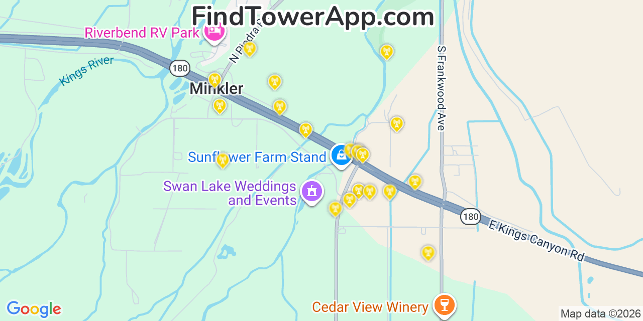 Map showing the 20 primary cell tower locations detected in Minkler, California from AT&T, Verizon, and T-Mobile networks