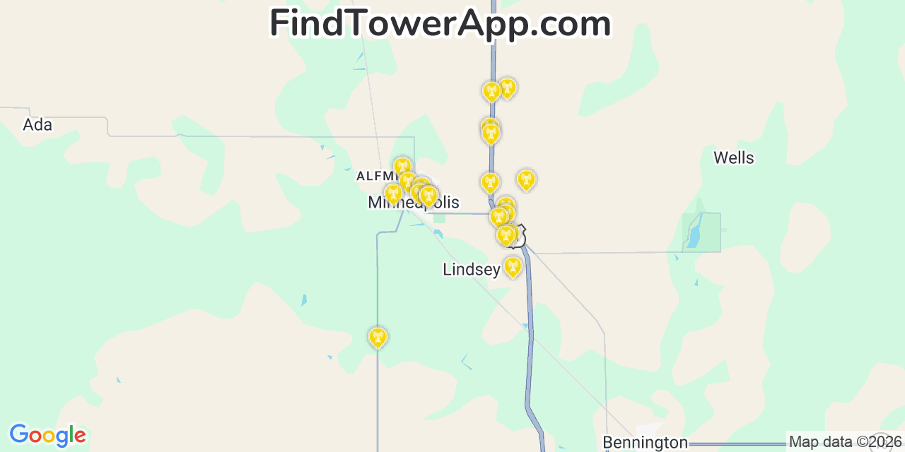 Map showing the 20 primary cell tower locations detected in Minneapolis, Kansas from AT&T, Verizon, and T-Mobile networks