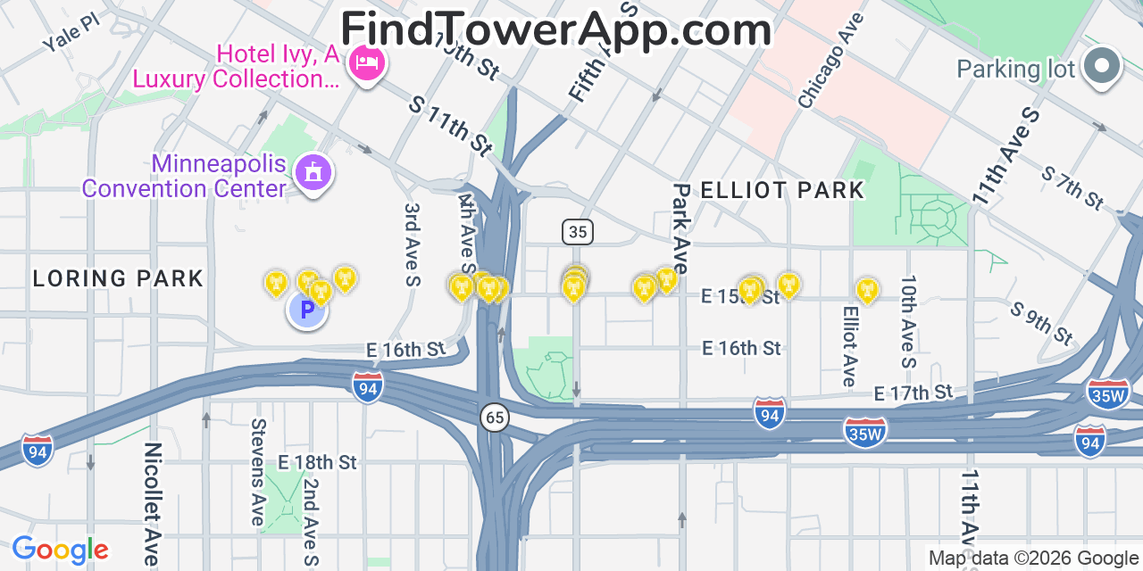 Map showing the 20 primary cell tower locations detected in Minneapolis, Minnesota from AT&T, Verizon, and T-Mobile networks