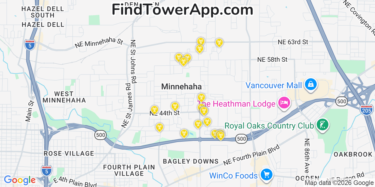 Map showing the 20 primary cell tower locations detected in Minnehaha, Washington from AT&T, Verizon, and T-Mobile networks