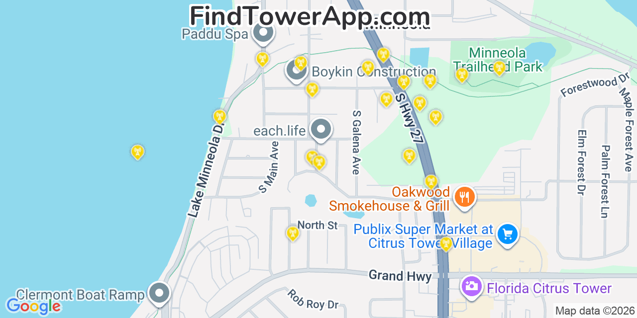 Map showing the 20 primary cell tower locations detected in Minneola, Florida from AT&T, Verizon, and T-Mobile networks