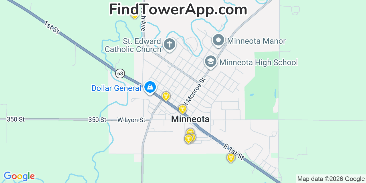 Map showing the 20 primary cell tower locations detected in Minneota, Minnesota from AT&T, Verizon, and T-Mobile networks