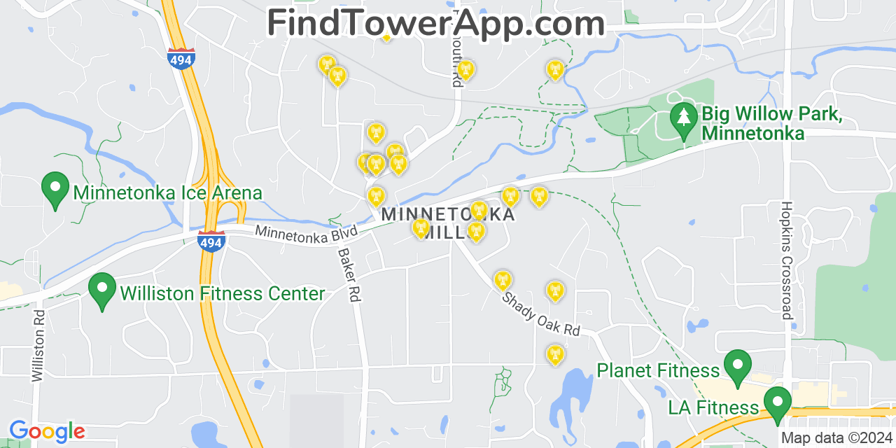 AT&T 4G/5G cell tower coverage map Minnetonka Mills, Minnesota