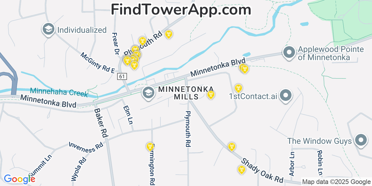 Map showing the 20 primary cell tower locations detected in Minnetonka Mills, Minnesota from AT&T, Verizon, and T-Mobile networks