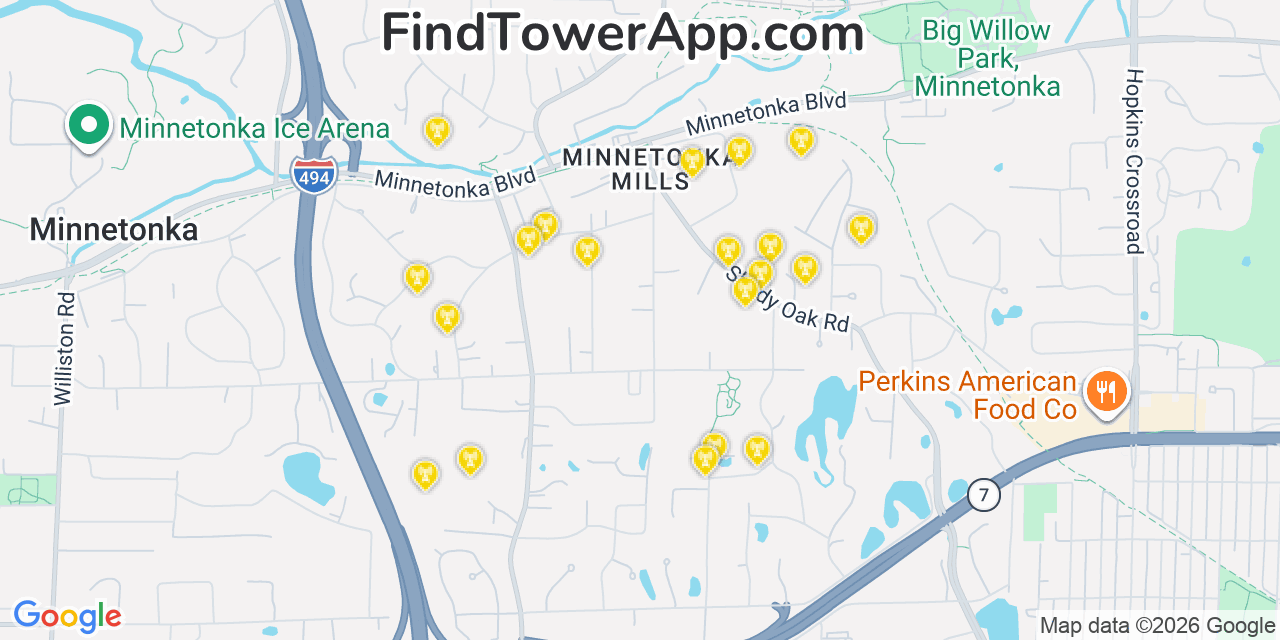 Map showing the 20 primary cell tower locations detected in Minnetonka Mills, Minnesota from AT&T, Verizon, and T-Mobile networks