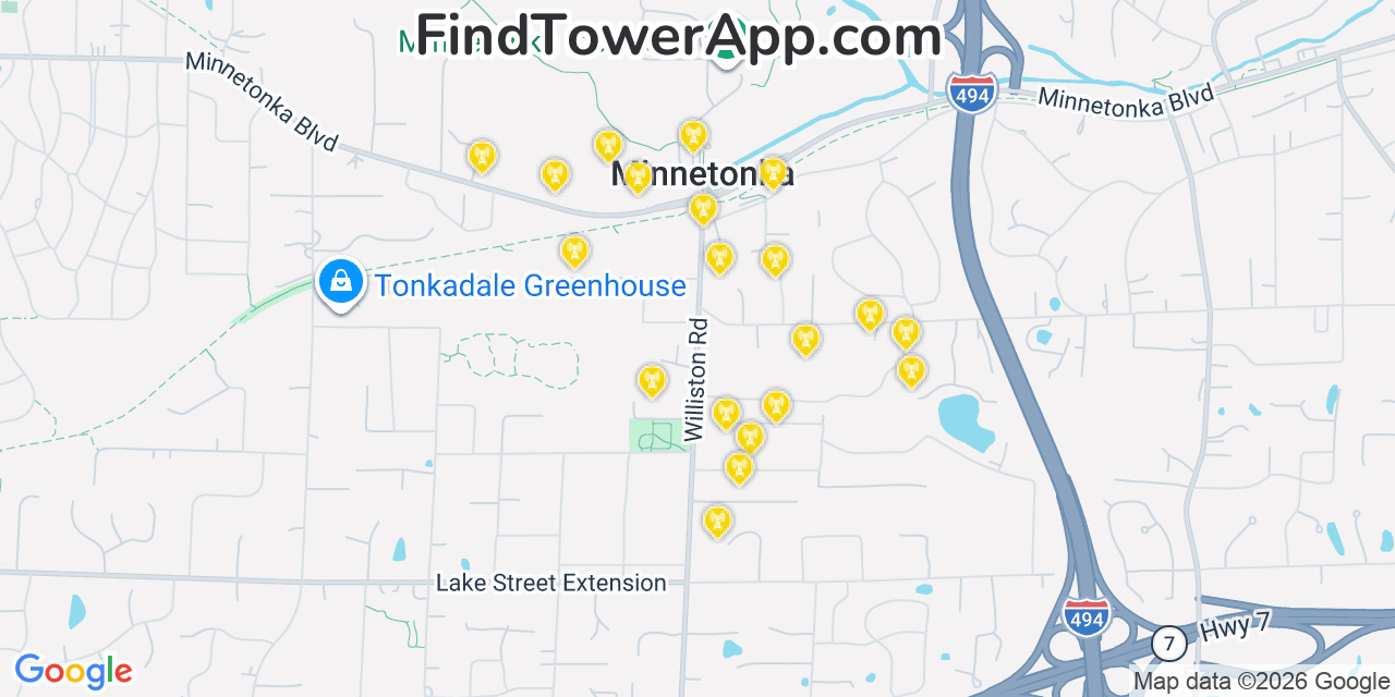 Map showing the 20 primary cell tower locations detected in Minnetonka, Minnesota from AT&T, Verizon, and T-Mobile networks
