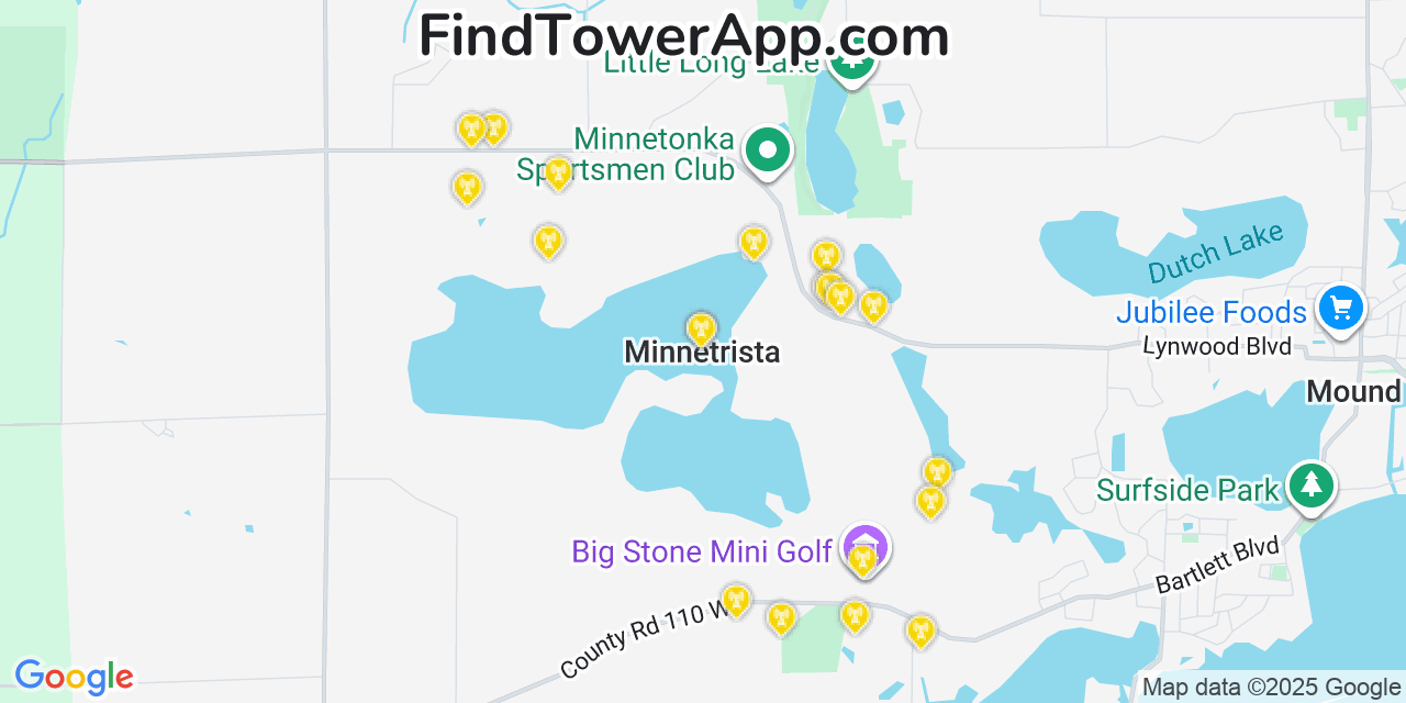 Map showing the 20 primary cell tower locations detected in Minnetrista, Minnesota from AT&T, Verizon, and T-Mobile networks
