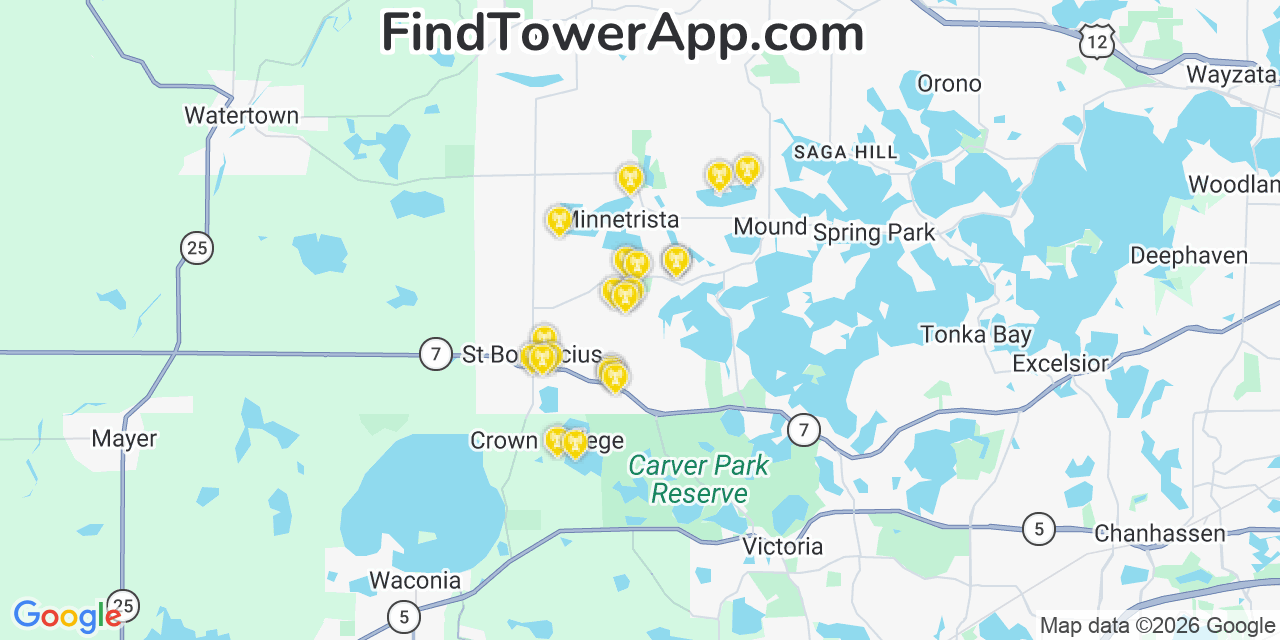 Map showing the 20 primary cell tower locations detected in Minnetrista, Minnesota from AT&T, Verizon, and T-Mobile networks