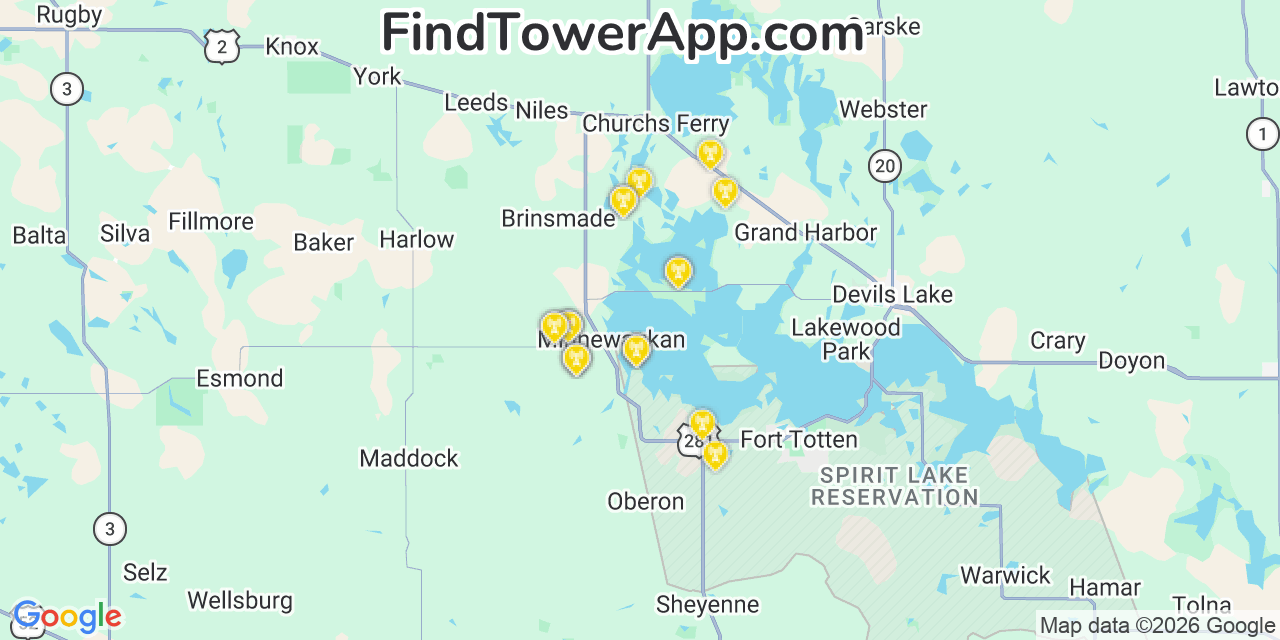 Map showing the 20 primary cell tower locations detected in Minnewaukan, North Dakota from AT&T, Verizon, and T-Mobile networks