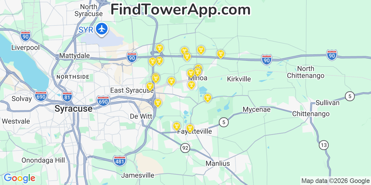 Map showing the 20 primary cell tower locations detected in Minoa, New York from AT&T, Verizon, and T-Mobile networks