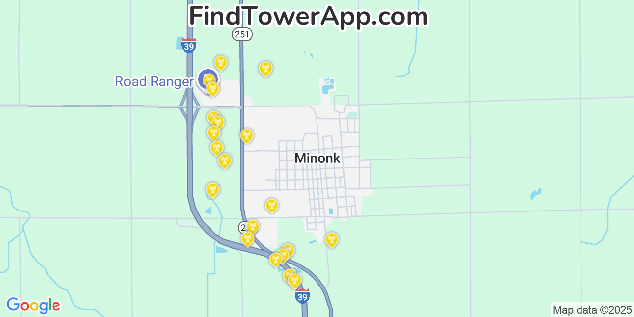 Map showing the 20 primary cell tower locations detected in Minonk, Illinois from AT&T, Verizon, and T-Mobile networks