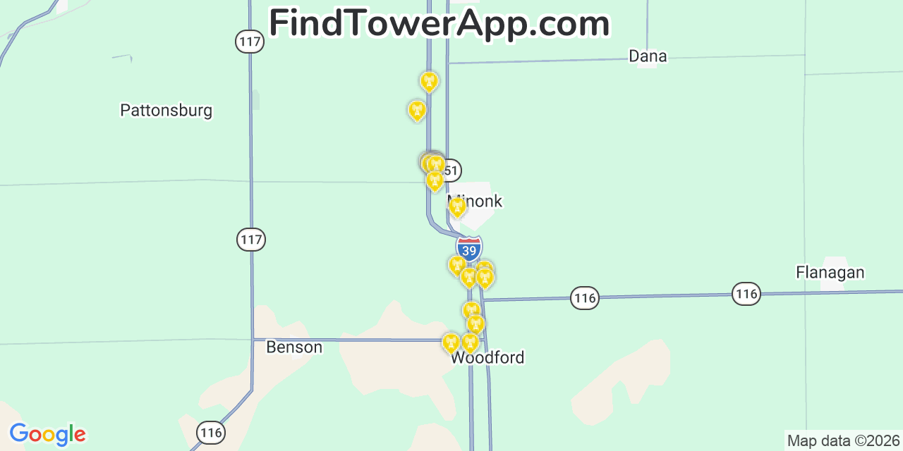 Map showing the 20 primary cell tower locations detected in Minonk, Illinois from AT&T, Verizon, and T-Mobile networks