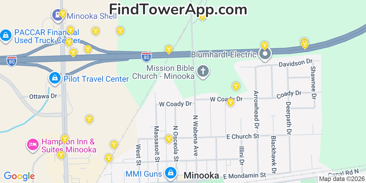 Map showing the 20 primary cell tower locations detected in Minooka, Illinois from AT&T, Verizon, and T-Mobile networks