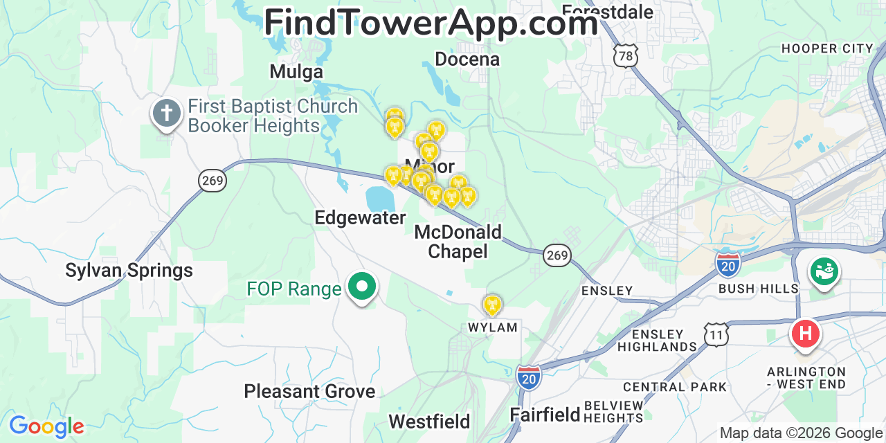 Map showing the 20 primary cell tower locations detected in Minor, Alabama from AT&T, Verizon, and T-Mobile networks