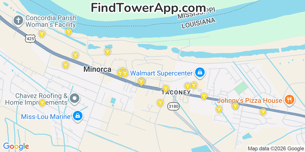 Map showing the 20 primary cell tower locations detected in Minorca, Louisiana from AT&T, Verizon, and T-Mobile networks