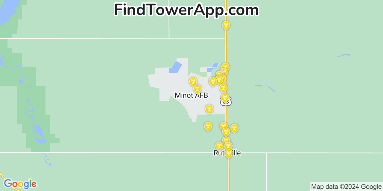 AT&T 4G/5G cell tower coverage map Minot Air Force Base, North Dakota