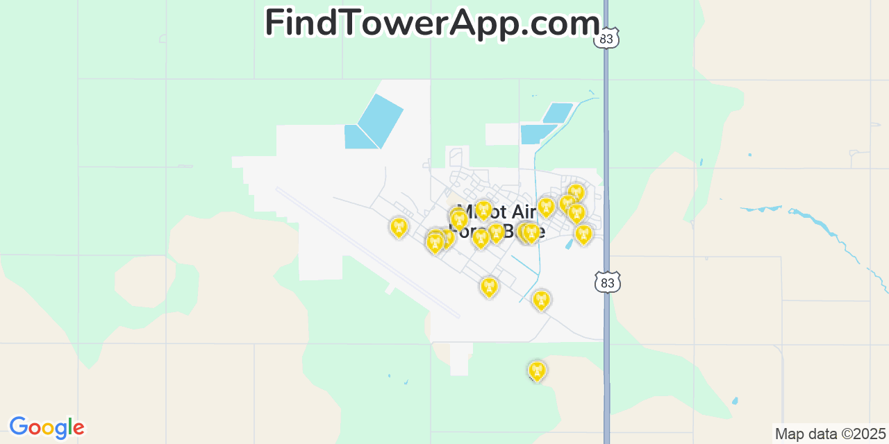 Map showing the 20 primary cell tower locations detected in Minot Air Force Base, North Dakota from AT&T, Verizon, and T-Mobile networks