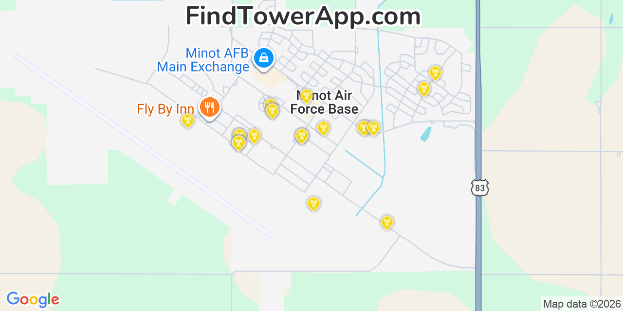 Map showing the 20 primary cell tower locations detected in Minot Air Force Base, North Dakota from AT&T, Verizon, and T-Mobile networks