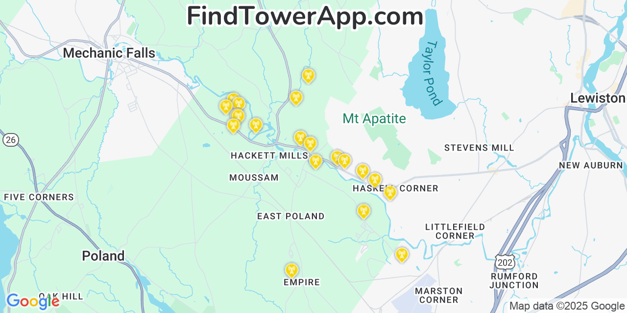Map showing the 20 primary cell tower locations detected in Minot, Maine from AT&T, Verizon, and T-Mobile networks