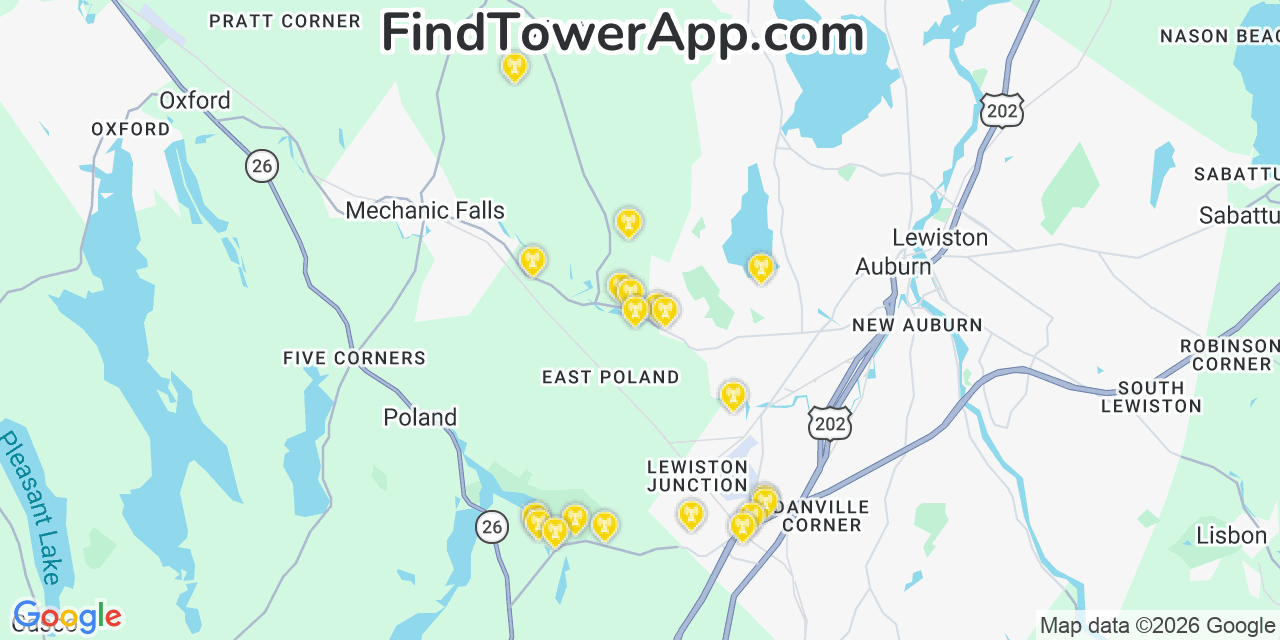 Map showing the 20 primary cell tower locations detected in Minot, Maine from AT&T, Verizon, and T-Mobile networks