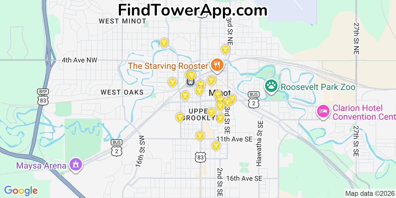 Map showing the 20 primary cell tower locations detected in Minot, North Dakota from AT&T, Verizon, and T-Mobile networks