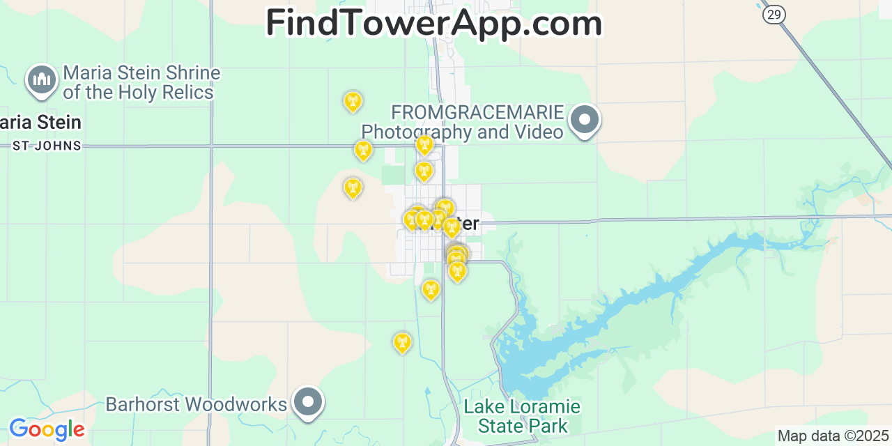 Map showing the 20 primary cell tower locations detected in Minster, Ohio from AT&T, Verizon, and T-Mobile networks