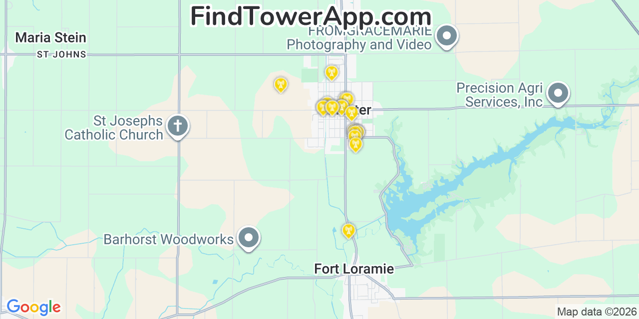 Map showing the 20 primary cell tower locations detected in Minster, Ohio from AT&T, Verizon, and T-Mobile networks