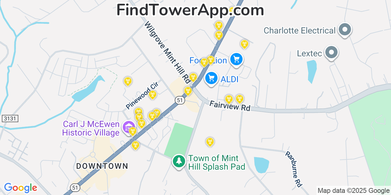 Map showing the 20 primary cell tower locations detected in Mint Hill, North Carolina from AT&T, Verizon, and T-Mobile networks