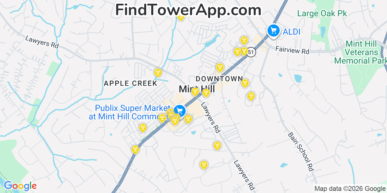 Map showing the 20 primary cell tower locations detected in Mint Hill, North Carolina from AT&T, Verizon, and T-Mobile networks
