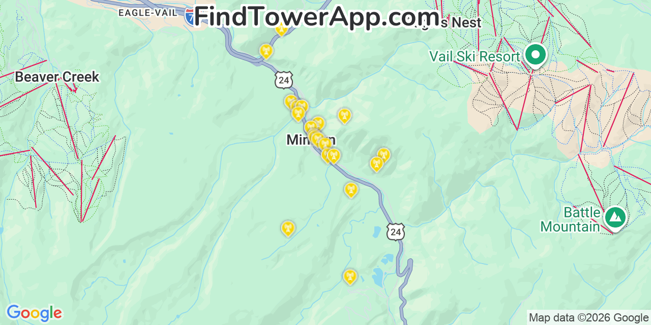 Map showing the 20 primary cell tower locations detected in Minturn, Colorado from AT&T, Verizon, and T-Mobile networks