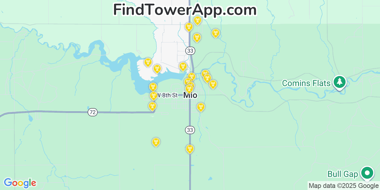 Map showing the 20 primary cell tower locations detected in Mio, Michigan from AT&T, Verizon, and T-Mobile networks