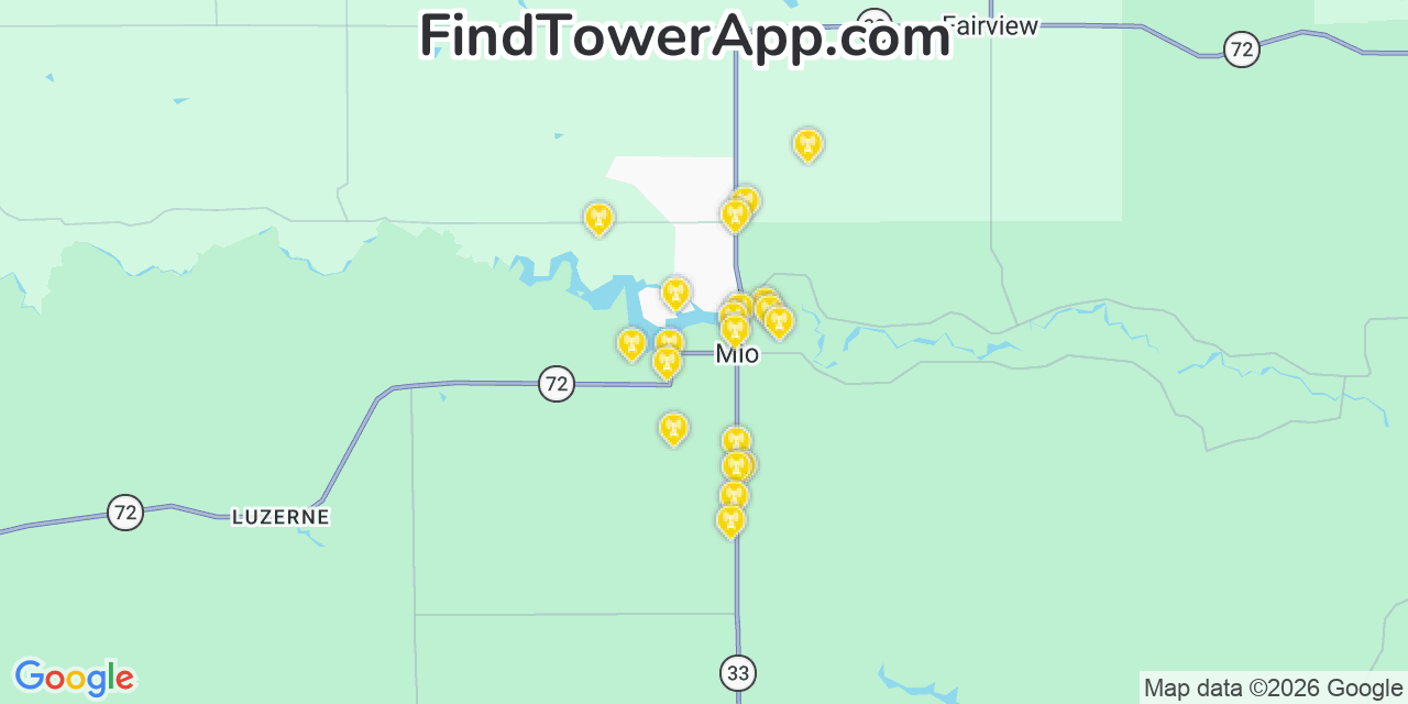 Map showing the 20 primary cell tower locations detected in Mio, Michigan from AT&T, Verizon, and T-Mobile networks