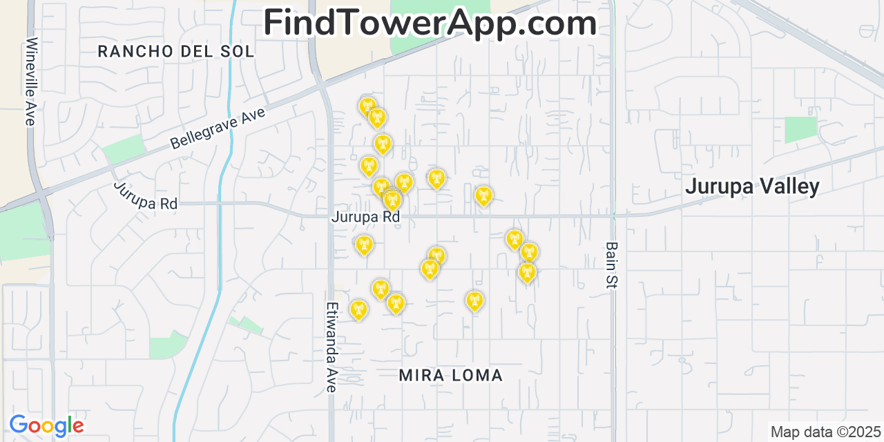 Map showing the 20 primary cell tower locations detected in Mira Loma, California from AT&T, Verizon, and T-Mobile networks