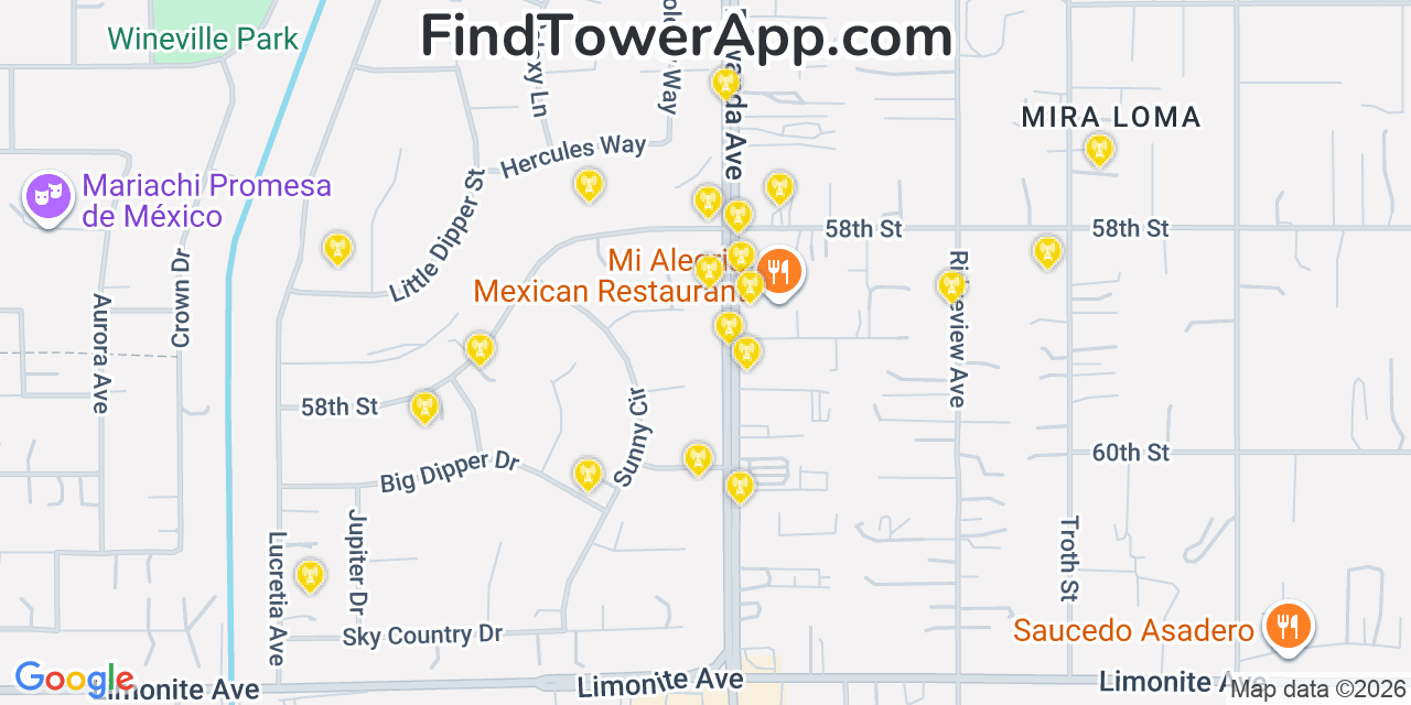 Map showing the 20 primary cell tower locations detected in Mira Loma, California from AT&T, Verizon, and T-Mobile networks