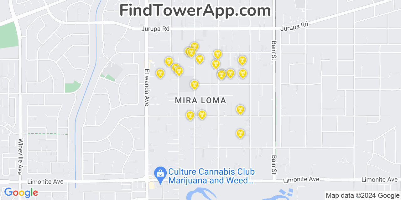 Verizon 4G/5G cell tower coverage map Mira Loma, California