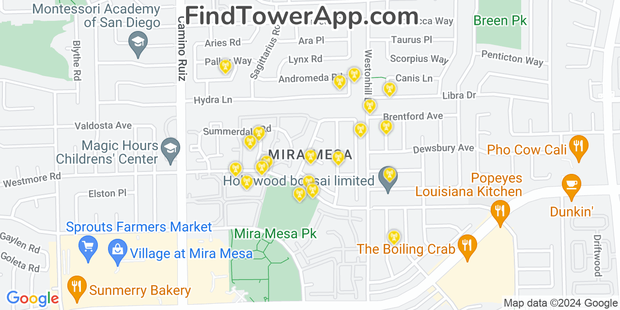 AT&T 4G/5G cell tower coverage map Mira Mesa, California