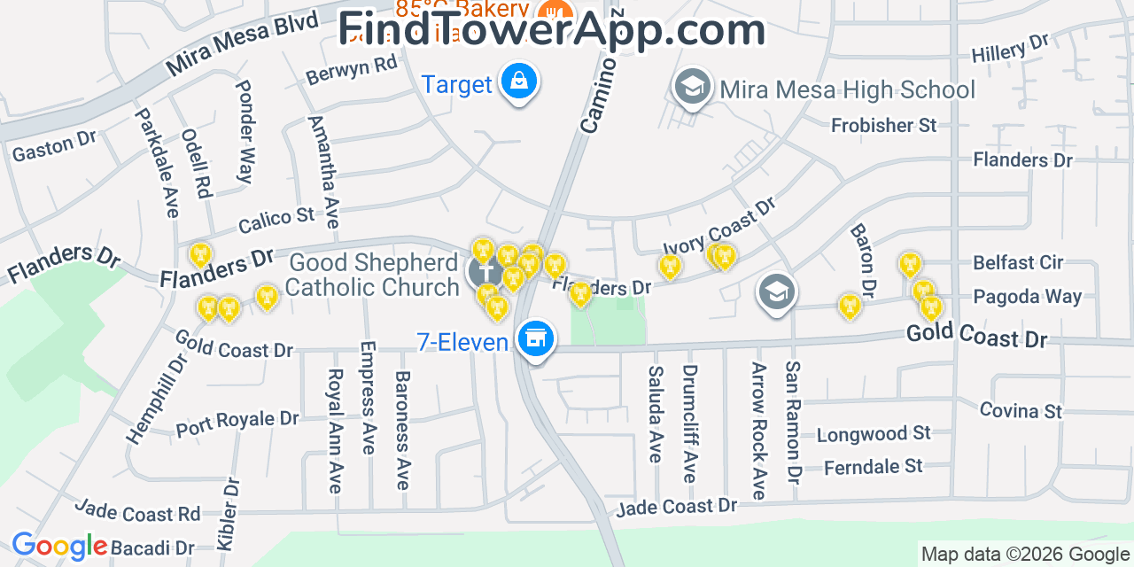 Map showing the 20 primary cell tower locations detected in Mira Mesa, California from AT&T, Verizon, and T-Mobile networks
