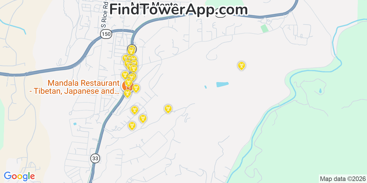 Map showing the 20 primary cell tower locations detected in Mira Monte, California from AT&T, Verizon, and T-Mobile networks