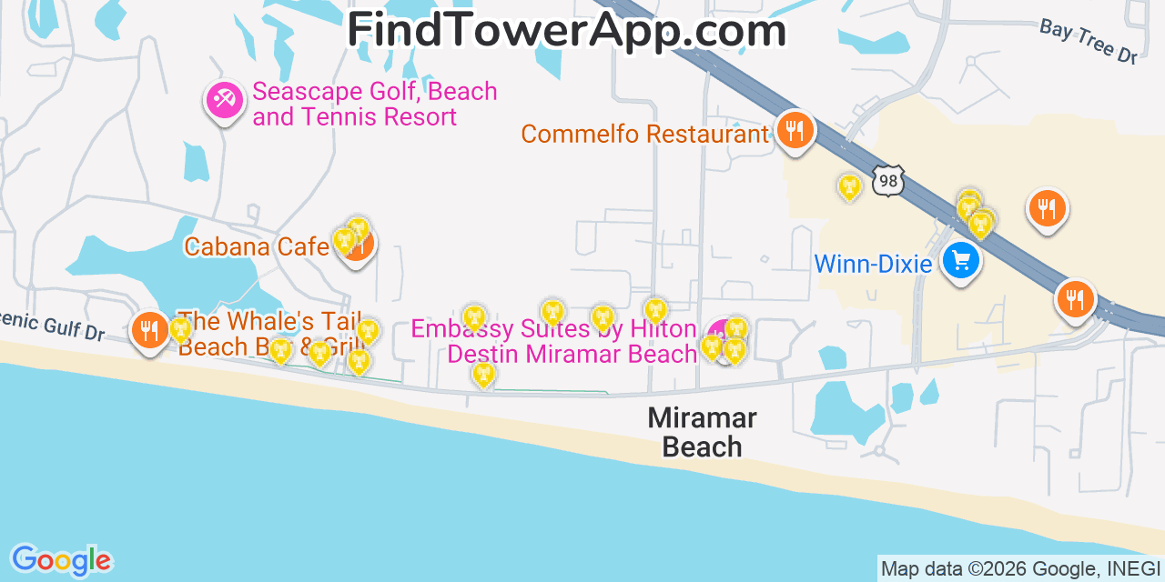 Map showing the 20 primary cell tower locations detected in Miramar Beach, Florida from AT&T, Verizon, and T-Mobile networks
