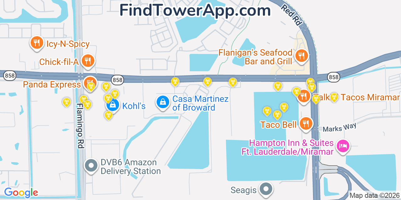Map showing the 20 primary cell tower locations detected in Miramar, Florida from AT&T, Verizon, and T-Mobile networks