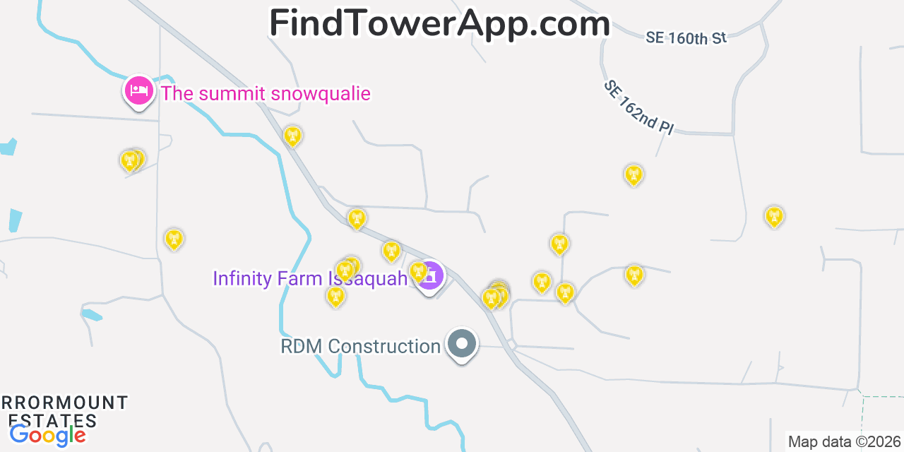 Map showing the 20 primary cell tower locations detected in Mirrormont, Washington from AT&T, Verizon, and T-Mobile networks