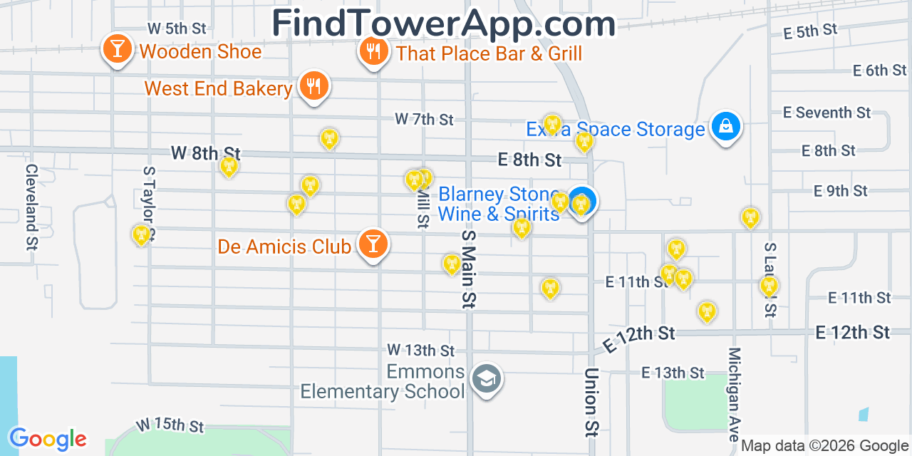 Map showing the 20 primary cell tower locations detected in Mishawaka, Indiana from AT&T, Verizon, and T-Mobile networks