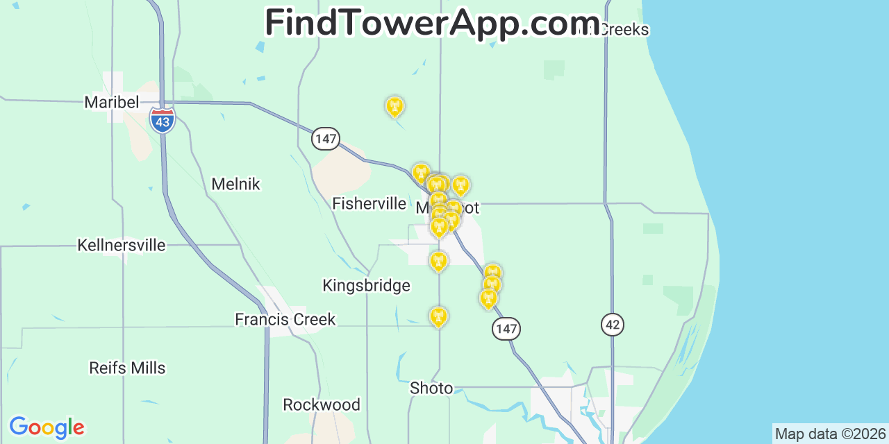 Map showing the 20 primary cell tower locations detected in Mishicot, Wisconsin from AT&T, Verizon, and T-Mobile networks