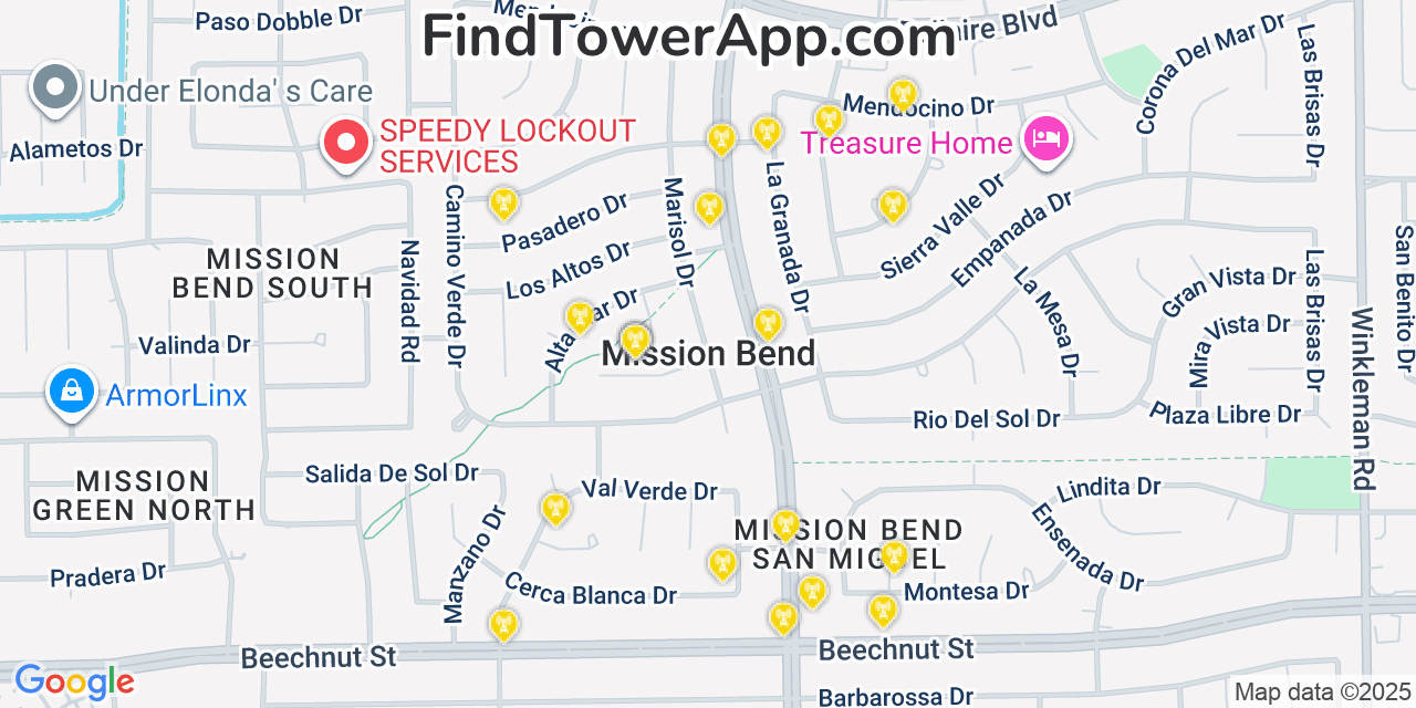 Map showing the 20 primary cell tower locations detected in Mission Bend, Texas from AT&T, Verizon, and T-Mobile networks